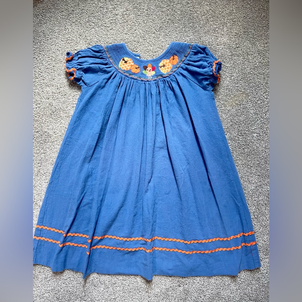 Lil Cactus Blue Thanksgiving Turkey & Pumpkins Smocked Bishop Dress for Fall 🍂